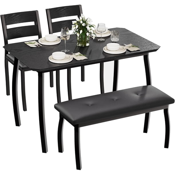 Kitchen mesa set para 4: 4-piece dining set con 2 sillas y pu forrado bench, cutting de esquina tabletop design, space-saving kitchen muebles para studio o restaurant, negra