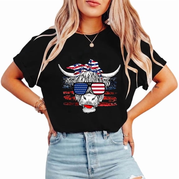 Womens Patriotic Cow Print T Shirts American Cow Graphic Tees Short Sleeve Casual 4th of July Design Pattern Classic Tops for Daily Outfits popular InS-style pattern round neck is trendy Black,XL