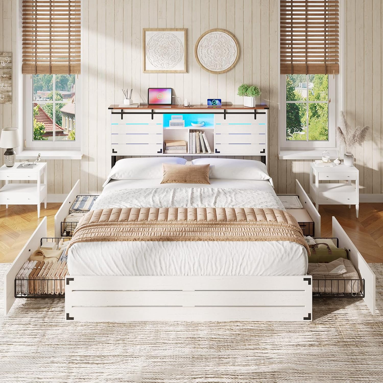 Wooden Bed Frame Full Size with Bookcase Headboard and Sliding Barn Door, Farmhouse Bed Frame Full Size with Charging Station, LED Lights and 4 Storage Drawers, No Box Spring Needed, White