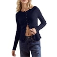 thumbnail image 1 of Aocisk Button Front Cardigan for Women Solid Color Slim Fit Long Sleeved Jacket Round Neck Knitted Ribbed Top Navy L, 1 of 6