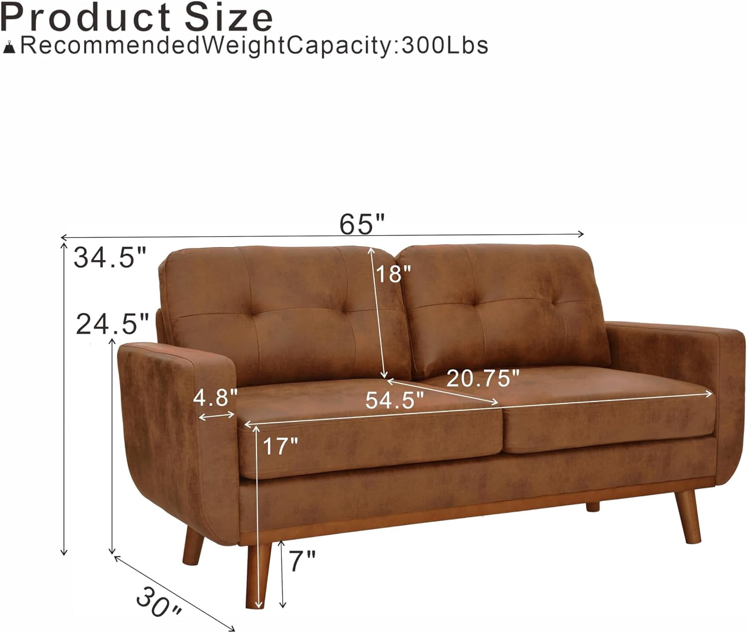 MOONMISS 65" Loveseat Couch, Modern Small Sofa With Walnut Wood Legs 2-seater Fabric Upholstered Mini Sofa Couches For Small Space,living Room Bedroom Office Dorm Apartment,Brown