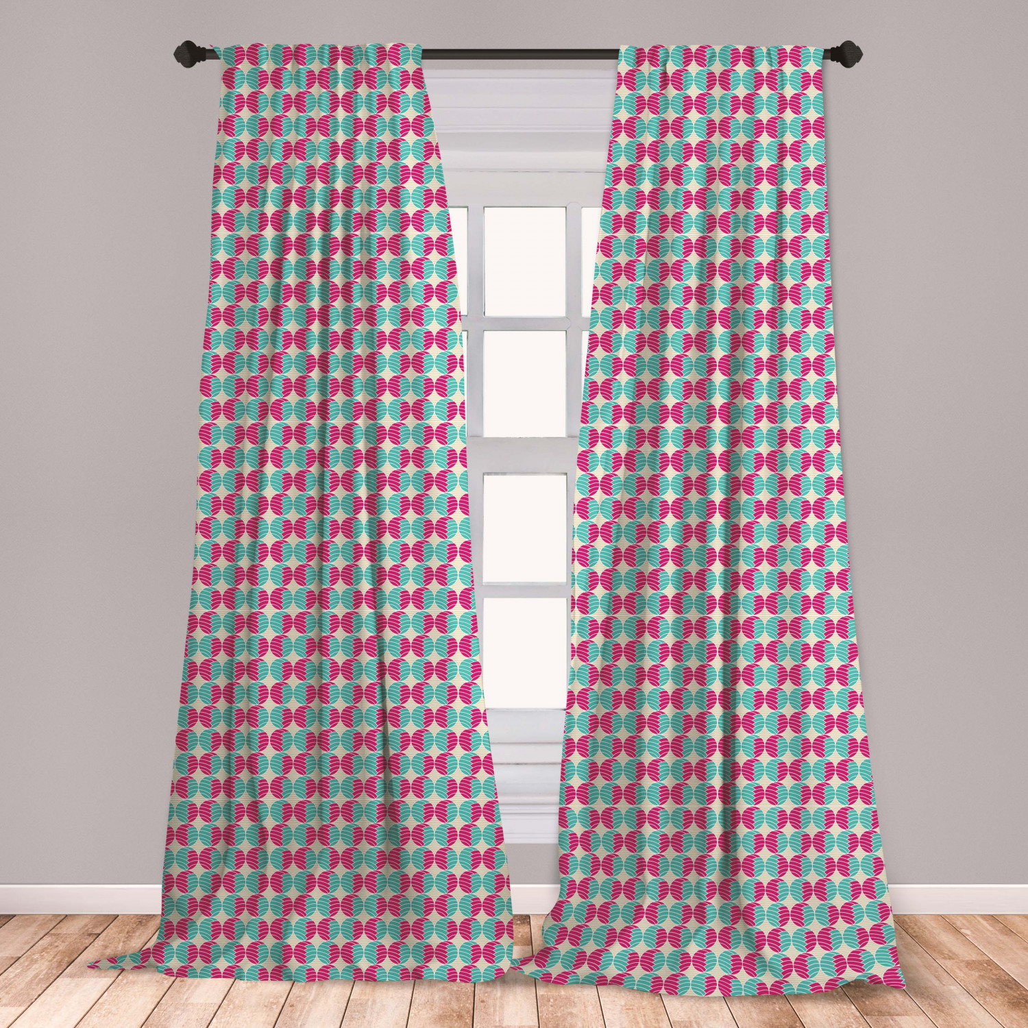 Geometric Curtains 2 Panels Set, Retro Inspired Repetitive Pattern of