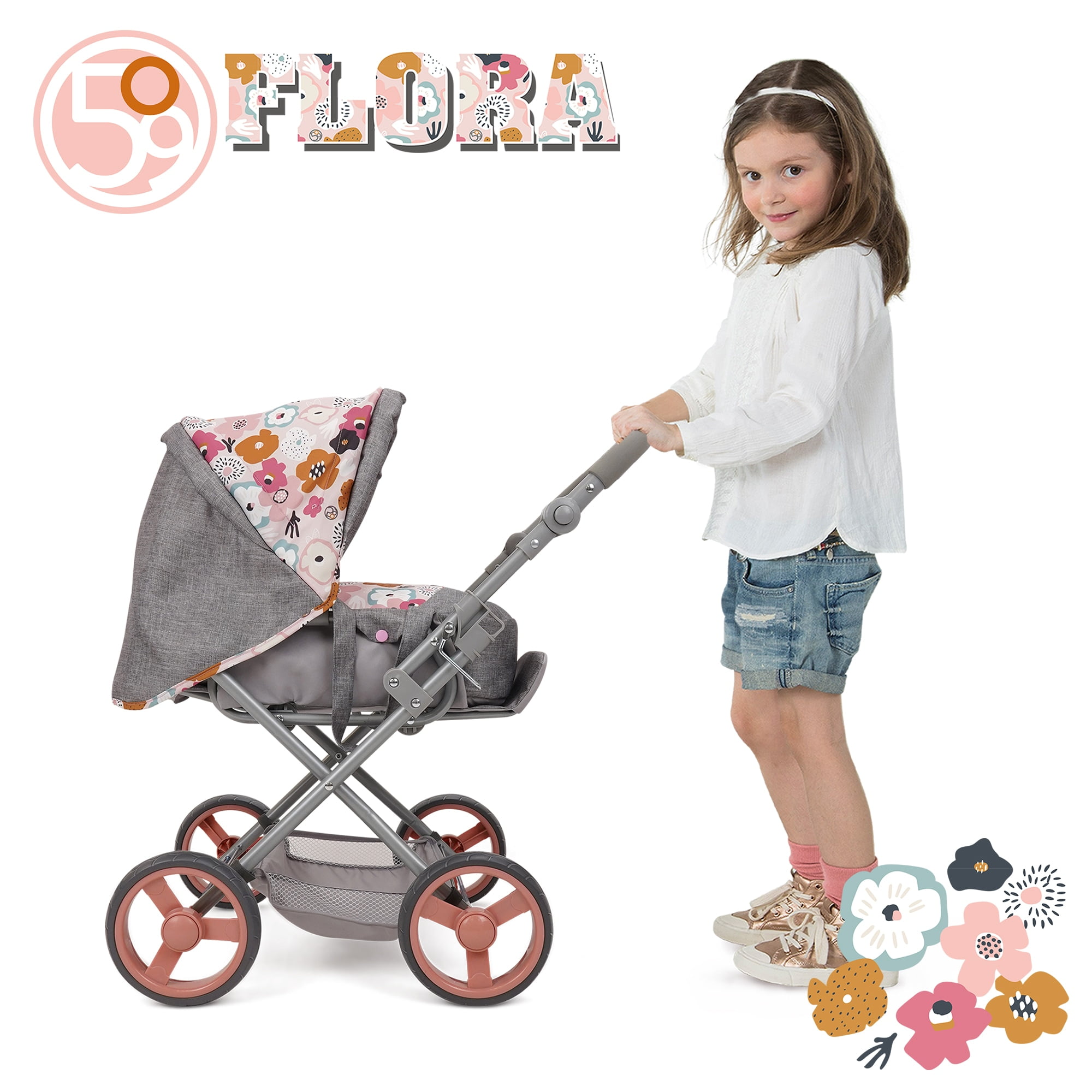509 Crew: Melange Flora - Kelly Deluxe Doll Pram - Matching Bag, Removable Carrycot, Large Canopy, Shopping Basket, Doll Accessory, Kids Toy, Ages 3+