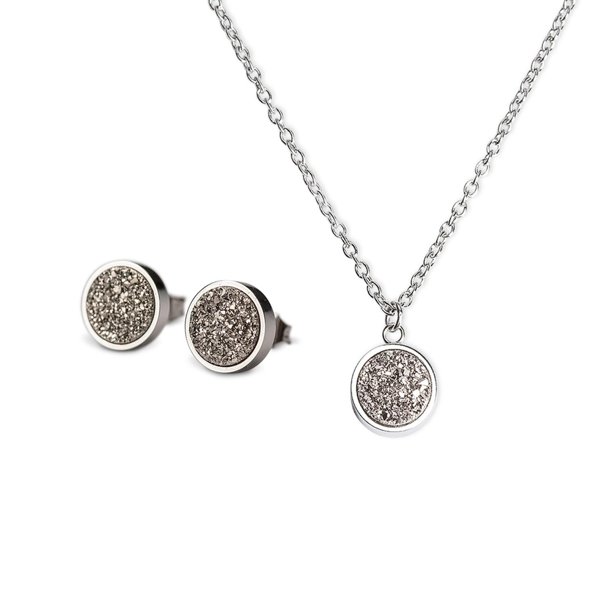 Juego de Joyería para Mujer con Piedra Drusa de Cuarzo LuckyLy, Aretes y Collar de Acero Inoxidable, Modelo Anya plateado UNITALLA