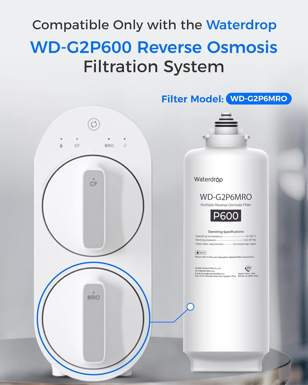 Waterdrop WD-G2P600-RO Filter, Replacement for WD-G2P600-W Reverse Osmosis System, 2-year Lifetime, Reduce PFAS