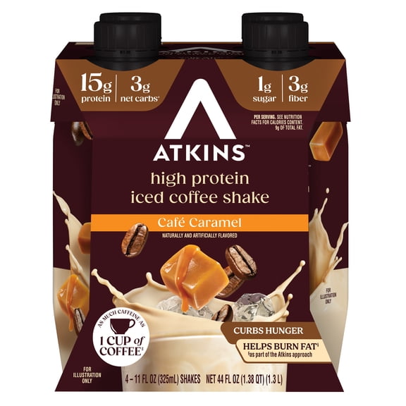Atkins Gluten Free Protein-Rich Shake, Cafe Caramel, Keto Friendly, 4 Count (Ready to Drink)