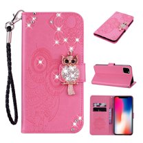 Feishell iPhone 11 Case Owl Pattern Glitter Sparkly Gems Shockproof PU Leather Wallet Cover Flip Stand Card Slots Magnetic Diamond Bling Folio Case for Apple iPhone 11, Rosegold