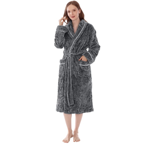 Women's Waffle Textured Satin Trim Fleece Robe (Charcoal, S/M)