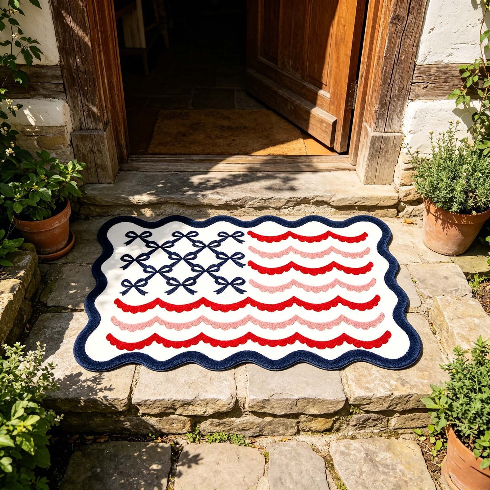 Bow Welcome Outdoor Doormat, American Flag Design, 15.75 x 23.62 Inches, Durable Non-Slip Front Door Mat, Decorative Entryway Rug for Home Entrance