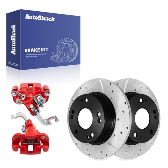 AutoShack Rear Solid Drilled & Slotted E-Coated Brake Rotors   Calipers Red 4-PC Brake Kit Replacement for 2006-2015 Honda Civic 2013-2015 Acura ILX 2006-2011 Acura CSX ShadowGuard 10.24" (260 mm)