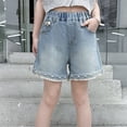 thumbnail image 2 of Ruyang Tween Girls Distressed Raw Hem Denim Shorts Teen Girls Elastic Waist Straight Leg Jean Shorts Kids Y2k Summer Denim Shorts, 2 of 9