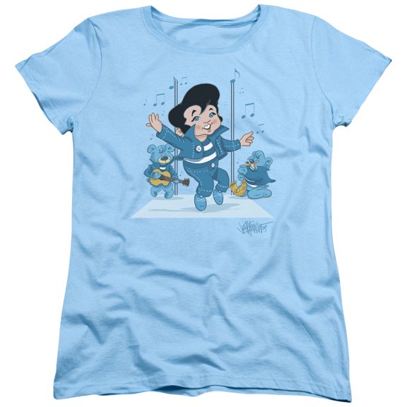Trevco ELV674-WT-3 Elvis Presley & Jailhouse Rocker Womens Short Sleeve T-Shirt, Light Blue - Large