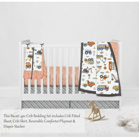 Bacati - Construction 4-Piece Crib Bedding Set with Diaper Stacker - Yellow/Orange/Blue/Grey Boys