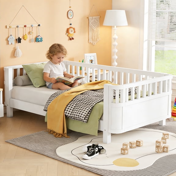 Twin Size Montessori Bed with Detachable Guardrails, Solid Wood Low Platform Bed with Fence, Montessori Daybed Safety Fence Desig (White)