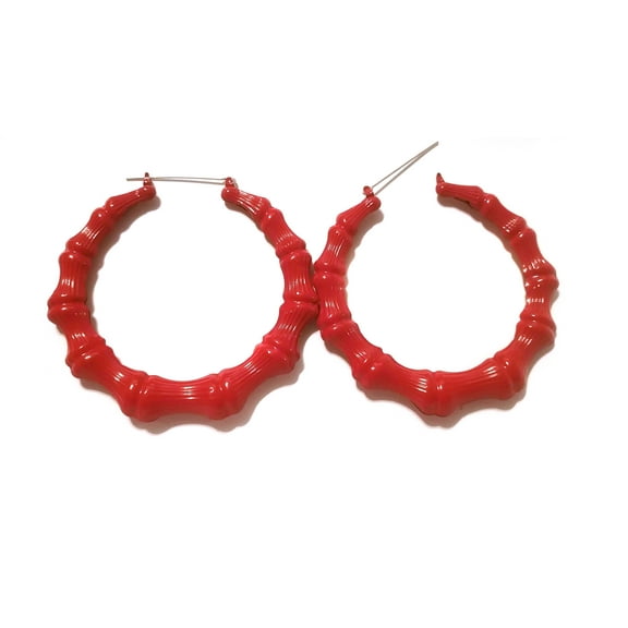 Red Bamboo Hoop Earrings Large Red Hoops 3 inch Full on Both Sides