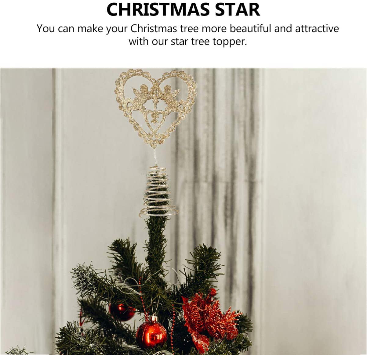Golden PRETYZOOM Christmas Tree Topper Glitter Star Treetop Sequin Heart Shape Christmas Tree Decoration for Festive Valentines Day Wedding Decor Holiday Ornament
