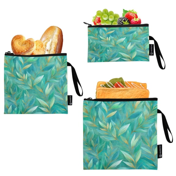 3 Pack Reusable Food Storage Bags Eco-Friendly Food-Grade EVA Film Material Suitable for Lunches Picnics Travel and Work Gold Teal Leaves