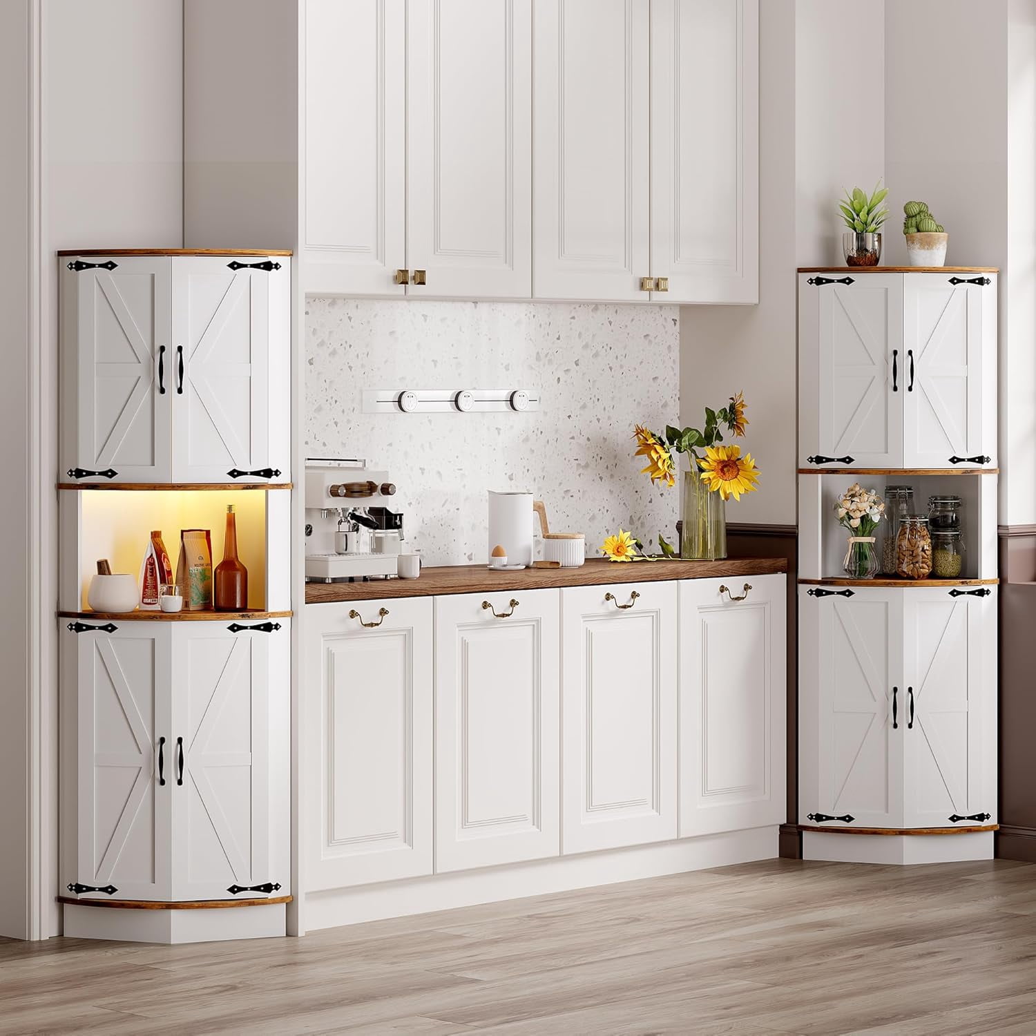 65" Tall Farmhouse Corner Cabinet with LED Light, Display Storage Cabinet with Barn Door, Tall Bathroom Cabinet, Standing Corner Storage Cabinet with 5 Tier Shelves and USB Ports & Outlets for Living