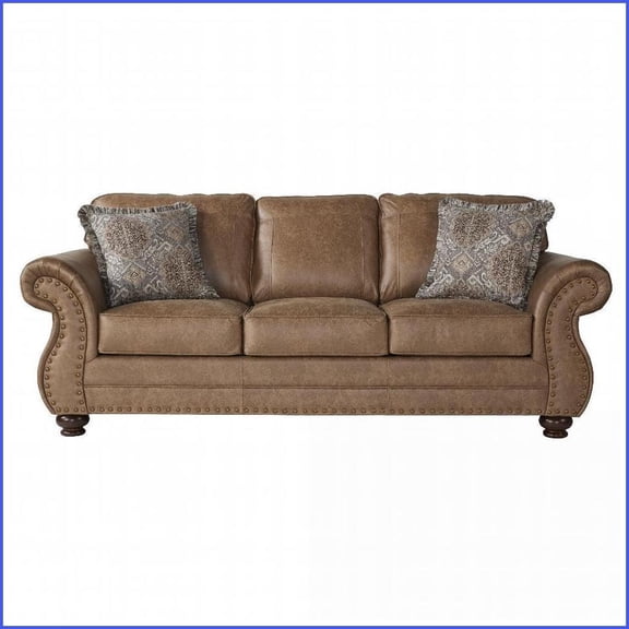 Leinster 3-Seat Faux Leather Sofa with Antique Bronze Nailheads | Brown | Solid Hardwood Frame | Rolled Arms