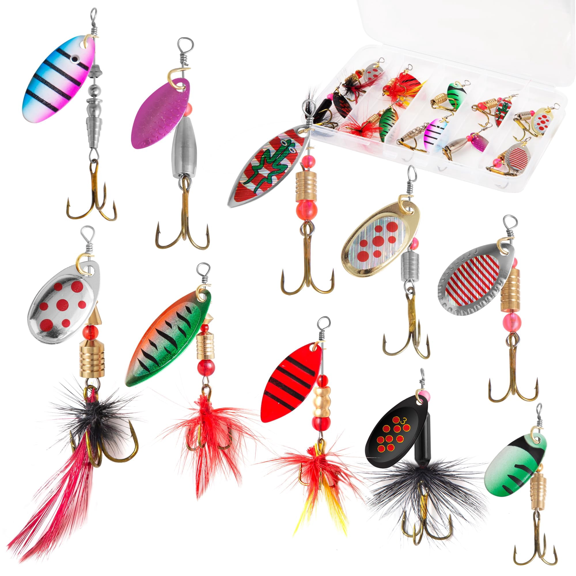 10 Pcs Inline Spinner Fishing Lures with Tackle Box