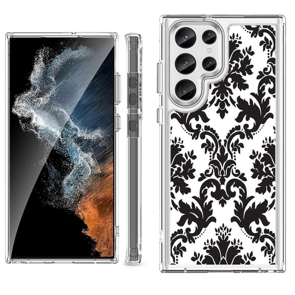 Shockproof Bumper Phone Case for Samsung Galaxy S23 Ultra 5G, by OneToughShield ® - Victorian White/Black