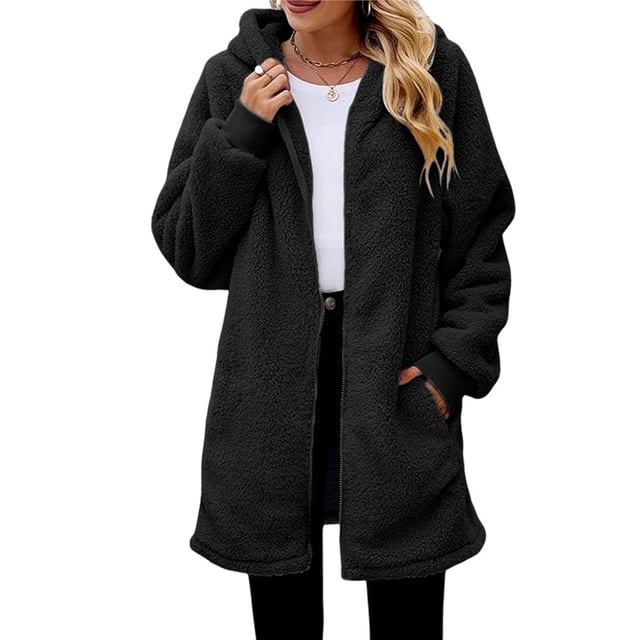 Cárdigan de Larga con Capucha y Cremallera para Mujer, Chaqueta Holgada de Felpa, Chaqueta de Felpa para Mujer Negro S