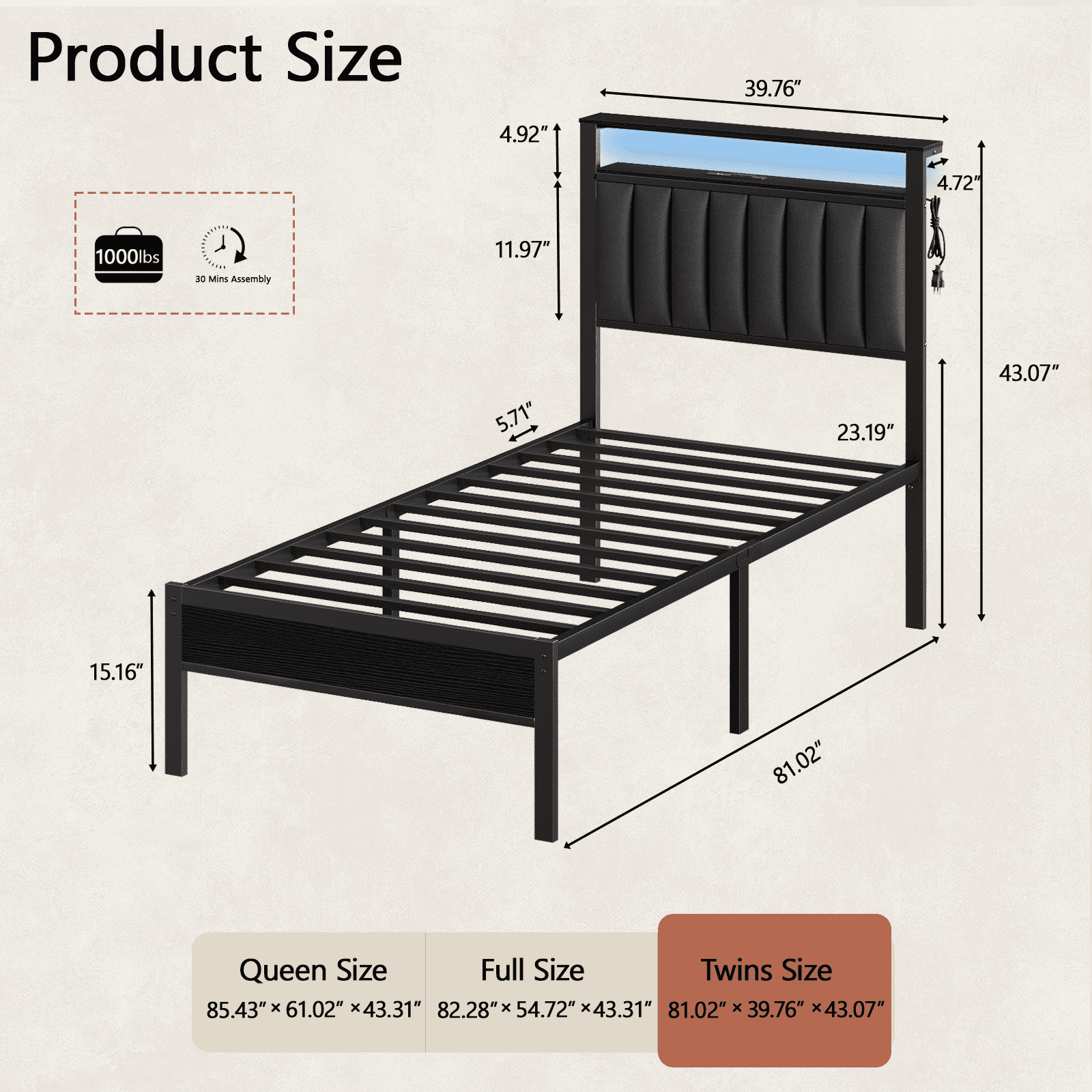 Glozzt Twin LED Bed Frame with Smart RGB Lights, Headboard Charging Station, Versatile Storage Solution, Comfortable Upholstered Backrest, No Box Spring Needed