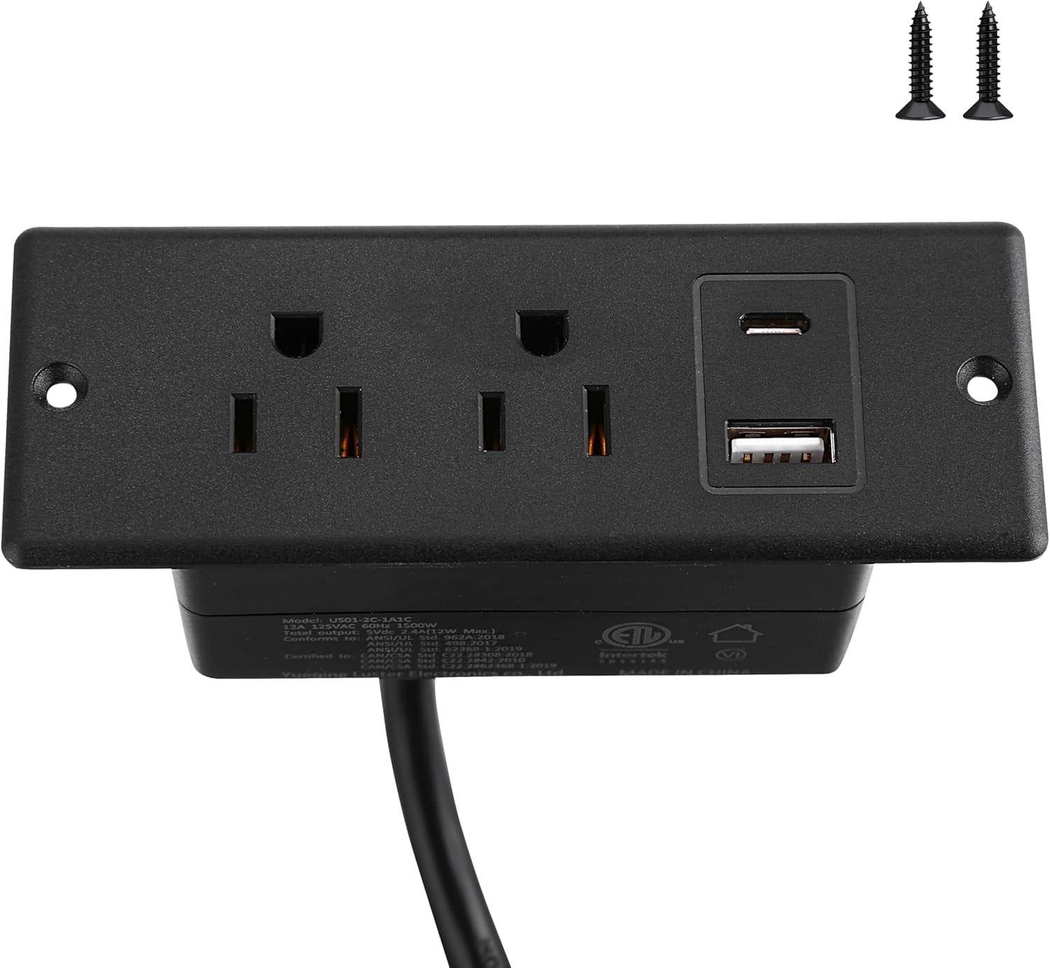 RGHJAR-Recessed Power Strip with USB-C and USB-A, 2 AC Outlets, in-Desk Flush Mount Power Strip, 125V 12A 1500W, for Desk Countertop Kitchen Island (Black, 4.9FT)