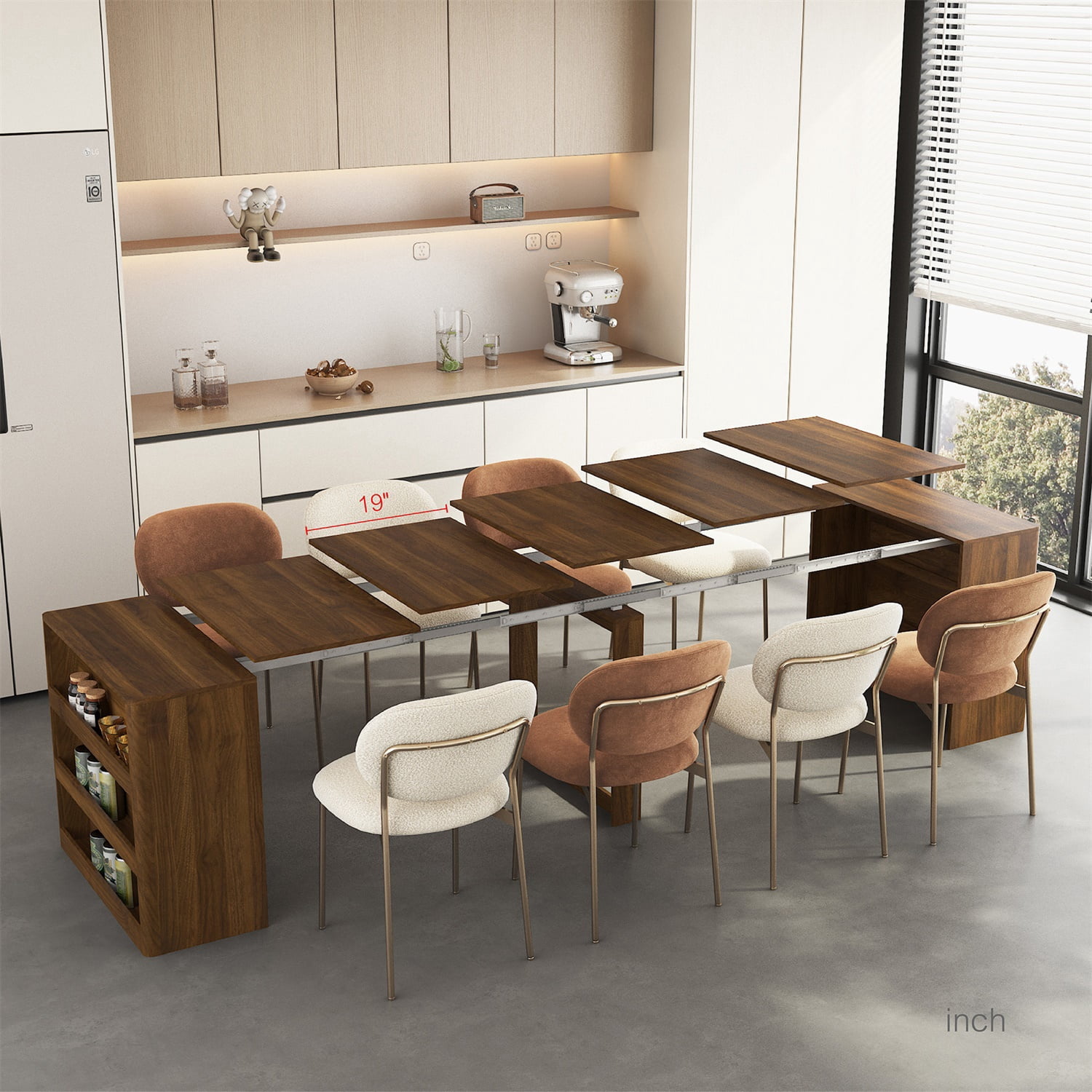 Hommoo Extendable Foldable Dining Table for 1-10 People, Multifunctional Wooden Rectangle Expandable Console Table with Storage Shelf, for Kitchen Living Meeting Room, Brown