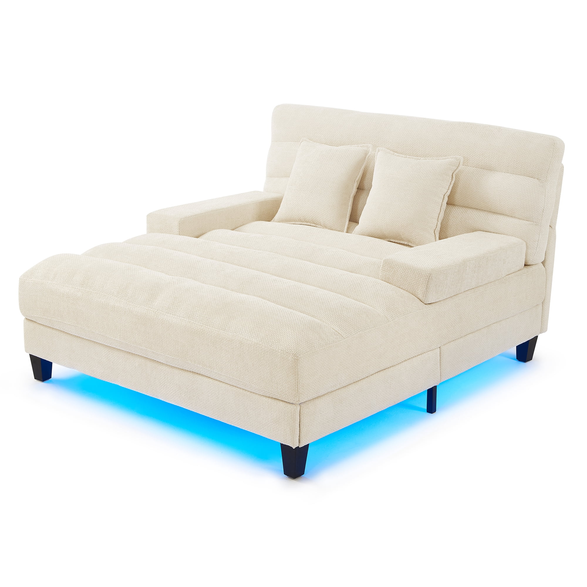 Euroco Modern Chaise Lounge Sofa 57.1" Sofa Bed Chenille Upholstered Lounge Sofa Chair with Adjustable Backrest and LED Light Strip for Living Room, Beige