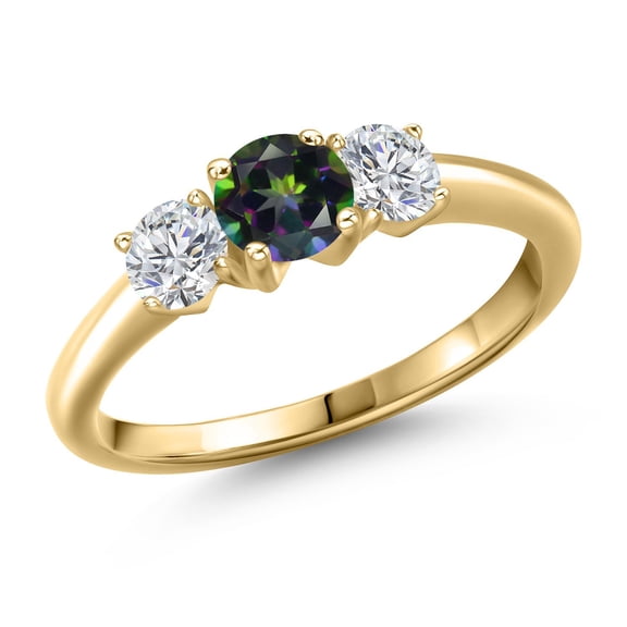 Gem Stone King 10K Yellow Gold Green Mystic Topaz and Lab Grown Diamond Engagement Ring for Women | 1.09 Cttw | Round 5MM | Gemstone November Birthstone | Size 9