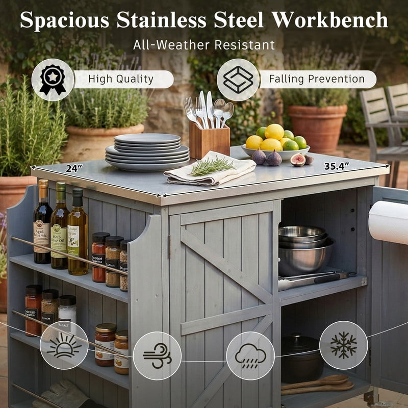 35.4''W Stainless Top Outdoor Rolling Kitchen Storage Island with Side Racks, Outdoor Grill Serving Cart with Cabinet & Adjustable Shelf
