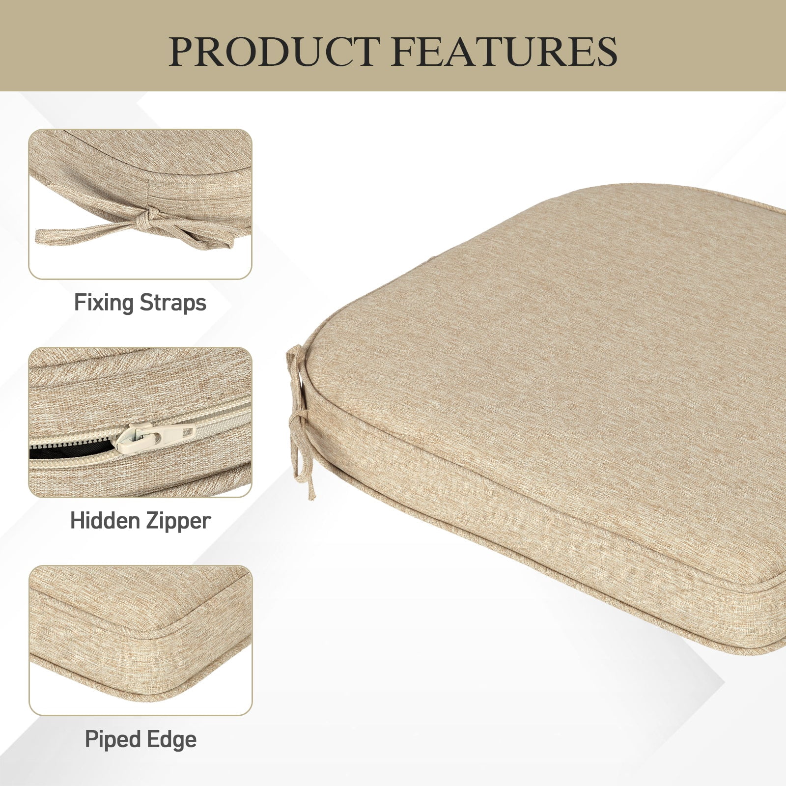 BPS 21" x 21" Outdoor Dining Chair Cushion, Water Resistant Patio Seat Cushion Pads with Ties, Set of 4 - Brown