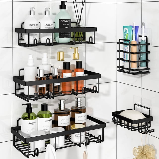 Organizador de ducha de 5 piezas Liuoud adhesivo negro inoxidable