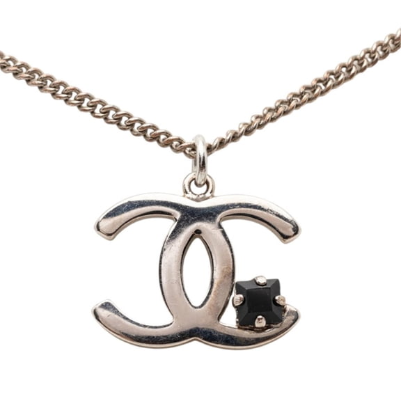 Pre-Owned Chanel Coco Mark Necklace, Silver, Black Metal, Colored Stone, Women's CHANEL