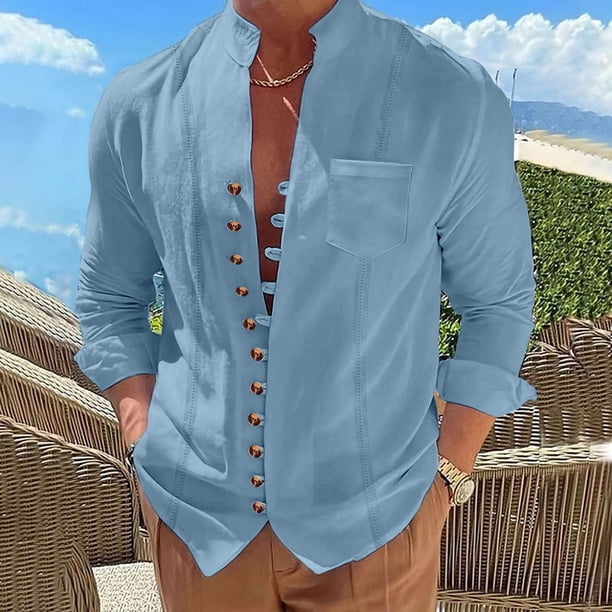 pstuiky camisa de manga larga para hombre, Camisa informal de moda para hombre, con cuello en V y mangas, transpirable tops de invierno para hombre l