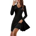 thumbnail image 2 of Robe Courte en Tricot Côtelé à Manches Longues pour Femmes Automne Hiver à Col en V Décontractée Évasée Ligne A Robe Chandail Noir m, 2 of 9