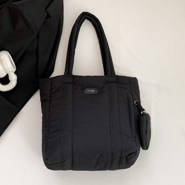 Bolso de mano acolchado para mujer, bolso de compras ligero con juego de monedero (negro)