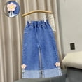 thumbnail image 2 of Soft Denim Wide Leg Jeans for Kids Girls with 3D Flower & Pearl, Elastic Waist Play Pants, Cuffed Hem Flare Jeans, Ages 2T-8,Size 3-4 T, 2 of 5