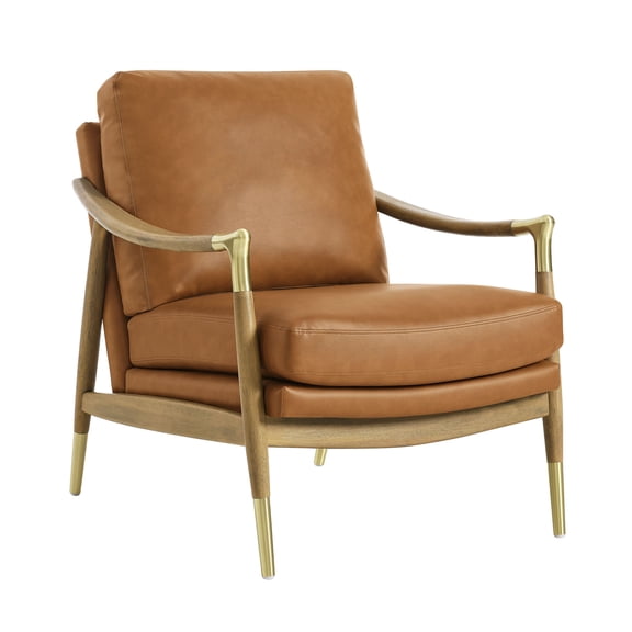 Armchair Chair, Walnut Tan, Faux Leather, Wood, Living Room Lounge Cafe Lobby Hospitality Restaurant, Modern Contemporary, HB37687