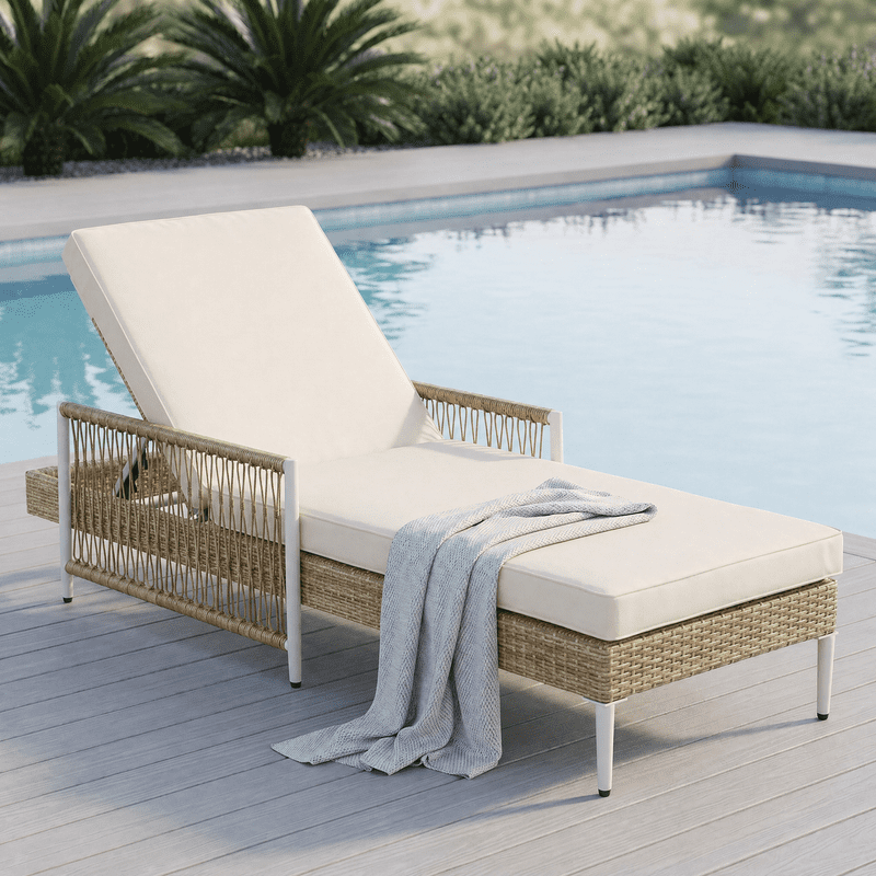 Howcool Outdoor All-Weather PE Rattan Chaise Lounge,Hand-Woven Wicker Patio Recliner with 6 Adjustable Positions, Armrests, Thick Cushion & Removable Cover,400 lbs Capacity,Beige