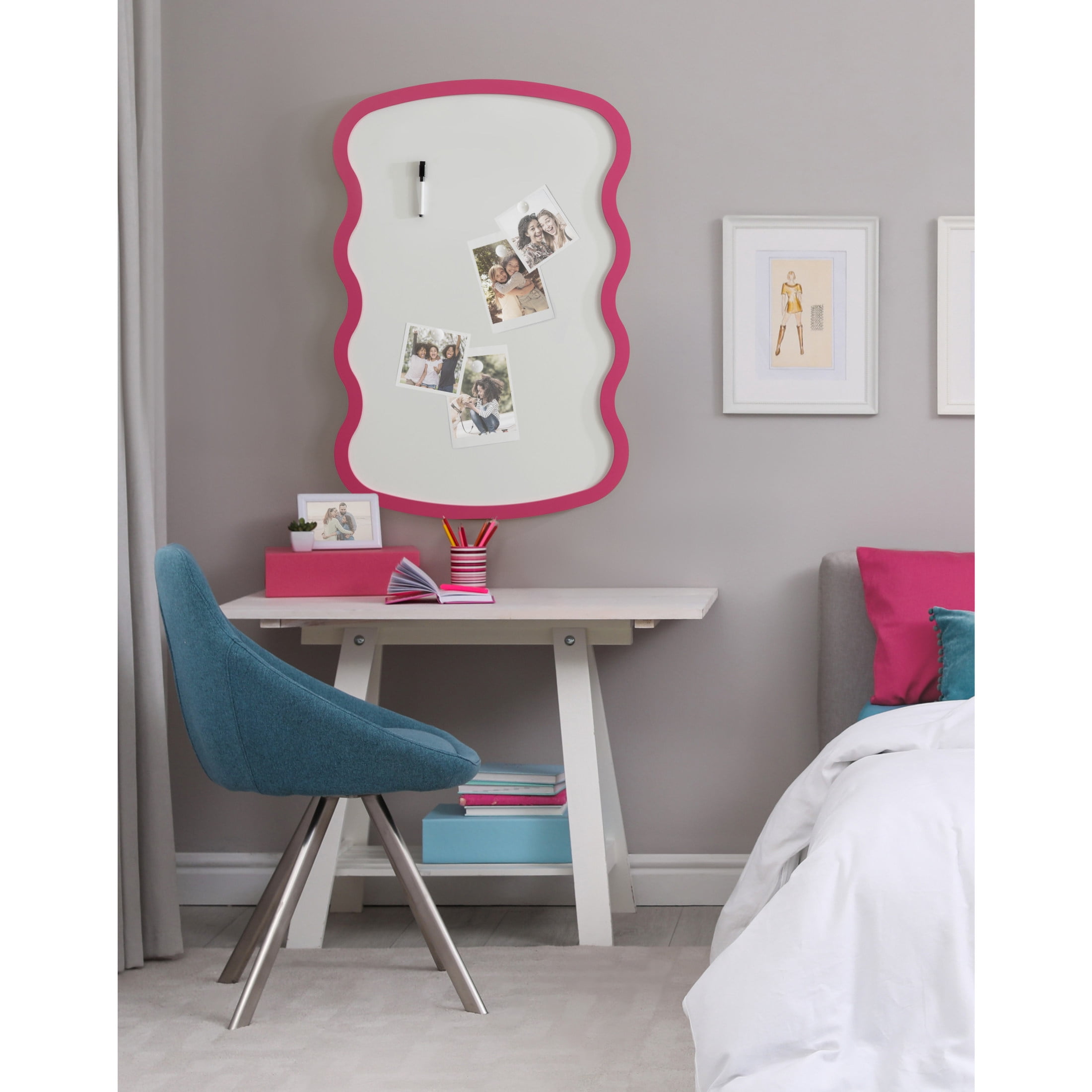 Kate and Laurel Holbrook Wavy Magnetic Dry Erase Board with Marker and Four Magnets, 24 x 36, Bright Pink, Decorative Wall Organization White Board for Use as Bedroom or Dorm Room Decor