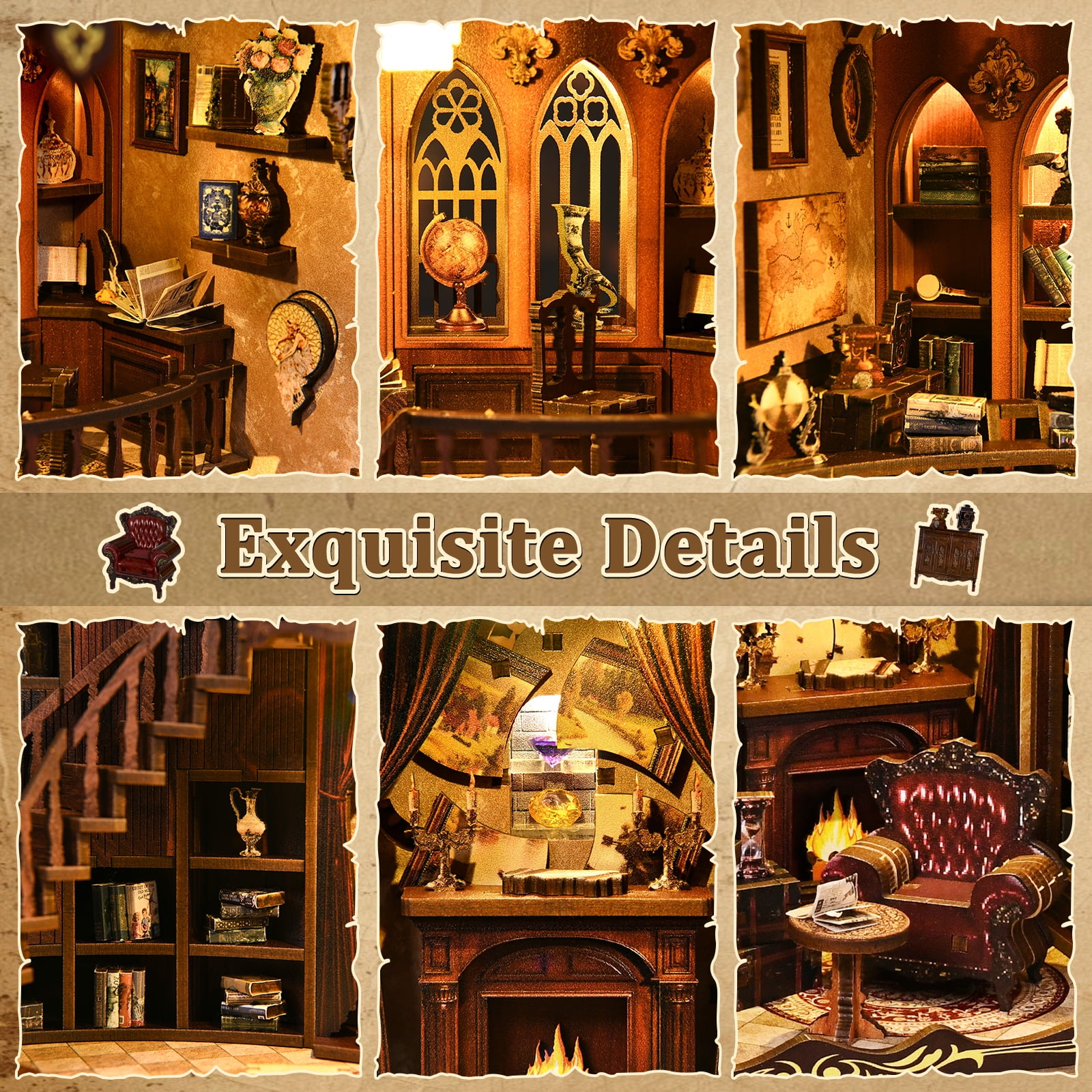 DIY Book Nook Kit – Wooden Miniature Library Scene with LED Light, Bookshelf Insert Decor, Relaxing Craft Kit for Adults & Teens, Ancient Rhyme Library