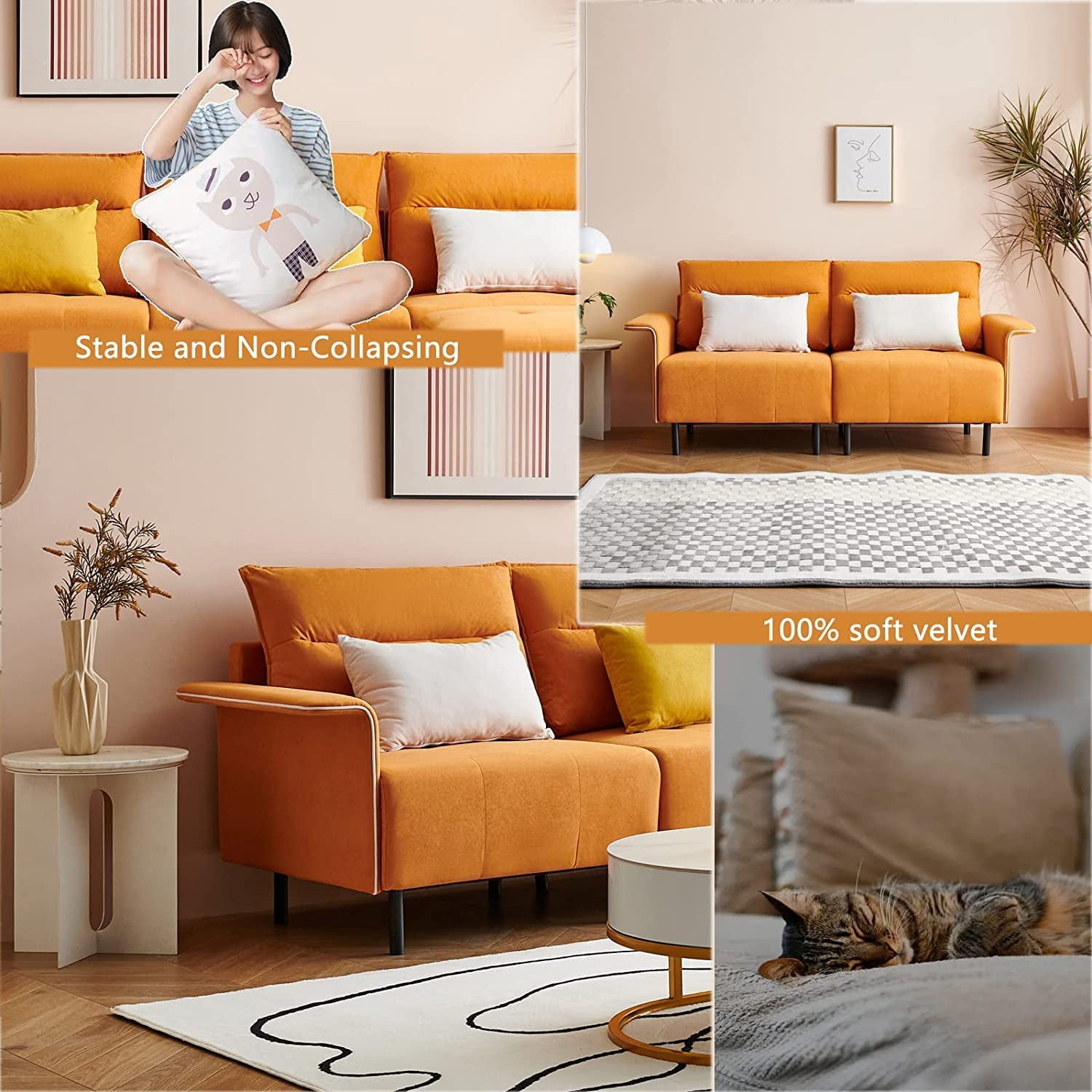 Resenkos 72" Mid-Century Tufted Sofa Couch, Upholstered Wood Base Sofa, Orange Resenkos 72" Mid-Century Tufted Sofa Couch, Upholstered Wood Base Sofa, Orange