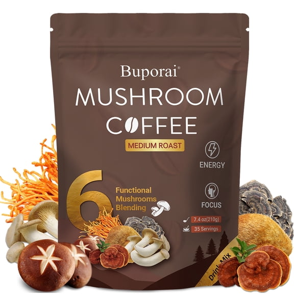 Mushroom Coffee - Instant Mushroom Coffee with 6 Mushrooms Lion’s Mane, Cordyceps, Turkey Tail & Other - for Energy, Focus, Digestion, Immunity - 35 Servings (7.4oz)