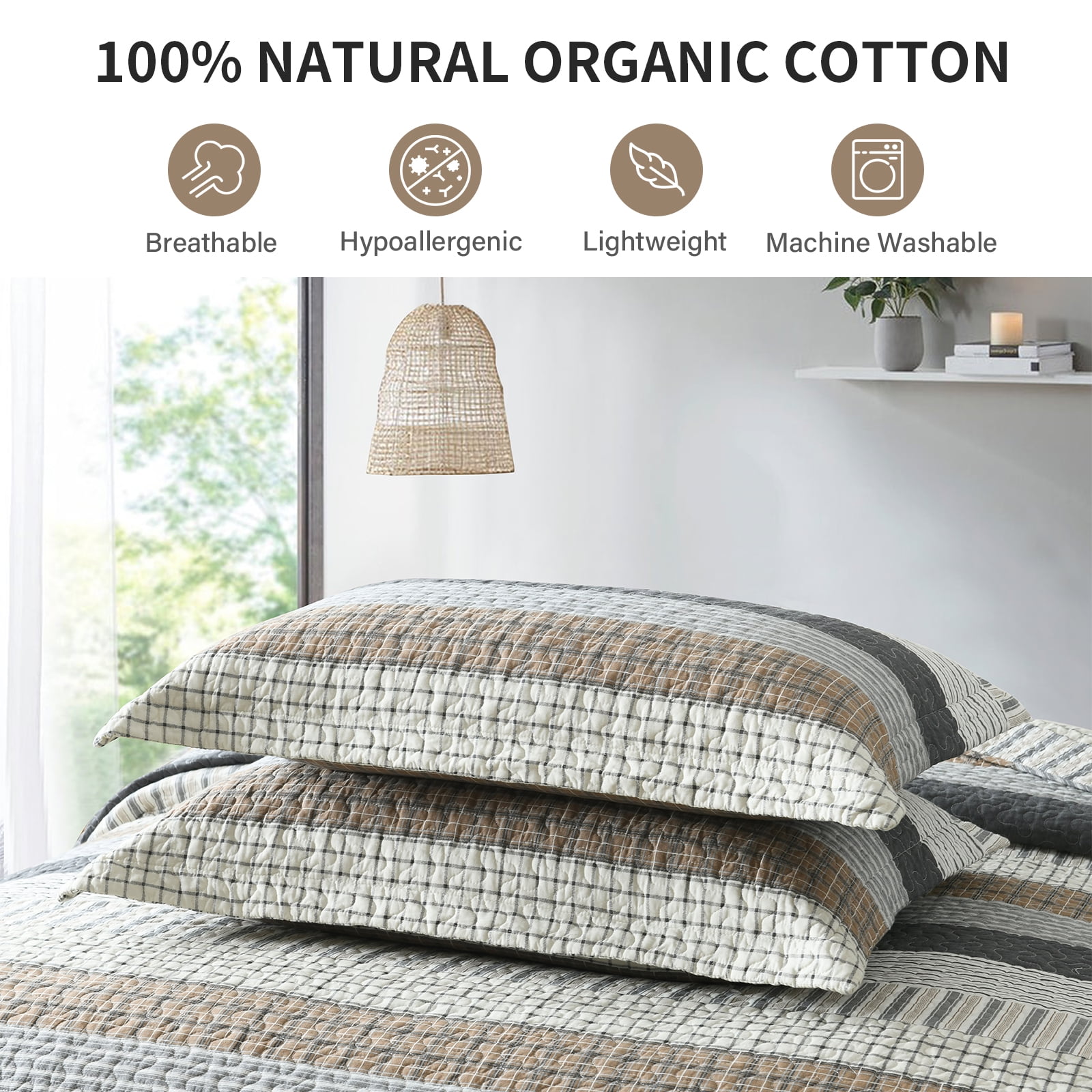 DDUOXIN 100% Cotton King Quilts - Lightweight Gray Brown Striped King Quilt for Bed Set, Modern Neutral Reversible King Size Bedspread, Farmhouse Coverlet/Bedding Set/Comforter with 2 Pillow Shams