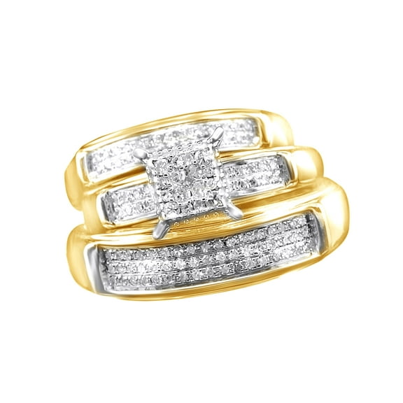 AFFY White Natural Diamond Wedding & Engagement Trio Bridal Ring Set In 10k Yellow Gold (0.37 Cttw)