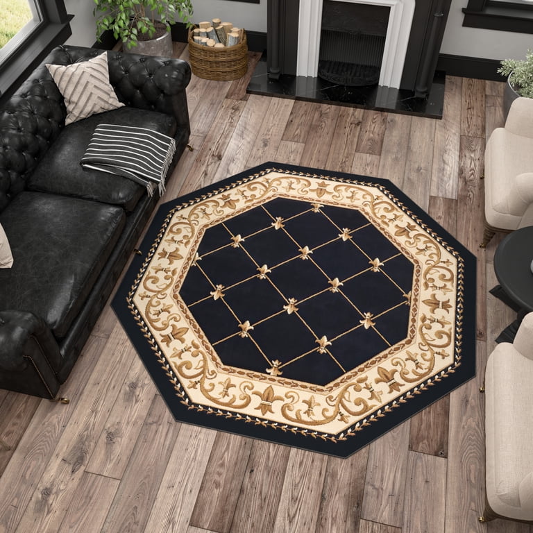 Sensation Traditional 5' Octagon Black and Beige Polypropylene