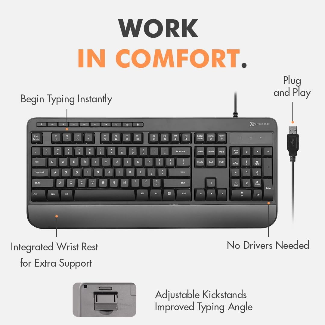X9 Performance Multimedia USB Ergonomic Keyboard Wired - Take Control of Your Media - Full Size Wired Keyboard with Wrist Rest and 114 Keys - External Wired Computer Keyboard for Laptop and Office PC