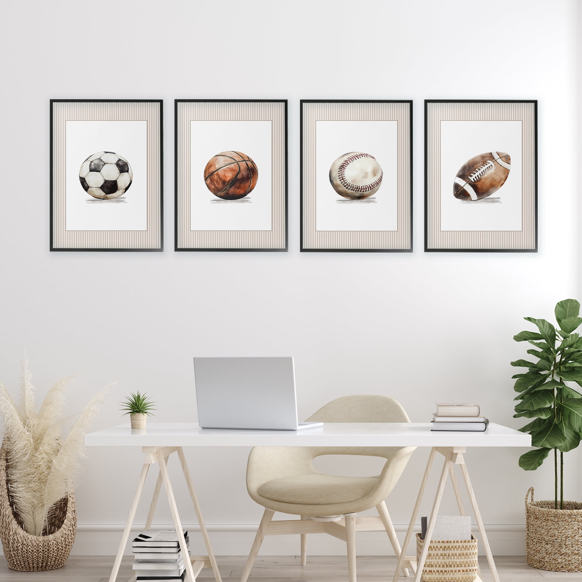 Stupell Industries Vintage Sports Beige Stripes 4 Piece Black Framed Giclee Art Set, design by Christine Simpson Art